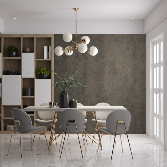 Wall mural sets a calm dining room with Scratched Suede Warm Gray texture GD11520
