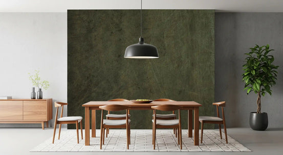 Scratched Suede Dark Olive deepens the wall mural in a moody dining room GD11521