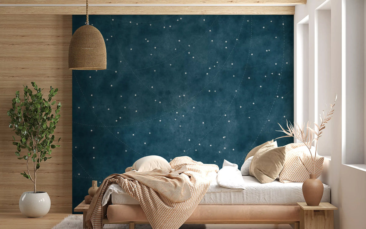 Starry Map Midnight Blue glows on the wall mural over a calm bedroom GD11523