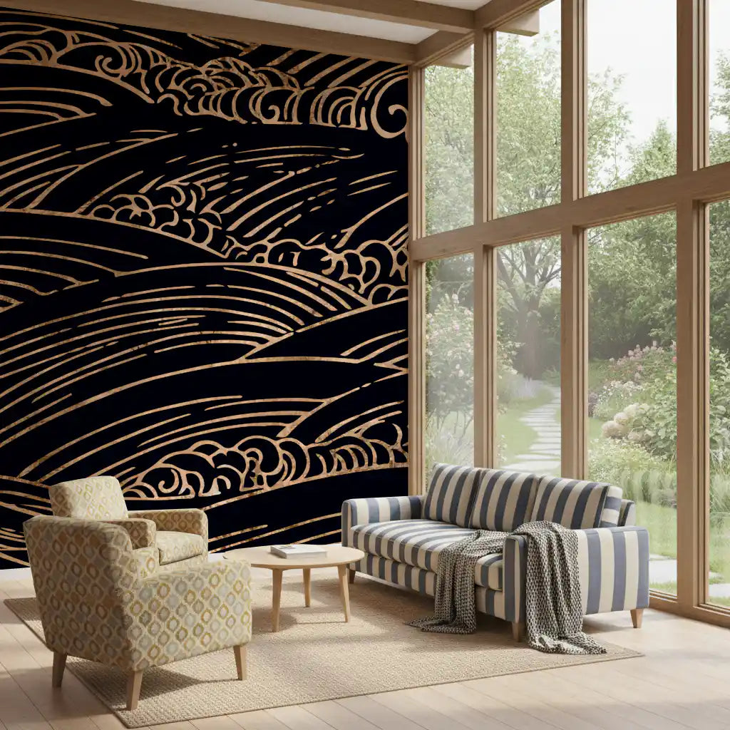 Gilded Rolling Japanese Waves Wall Mural