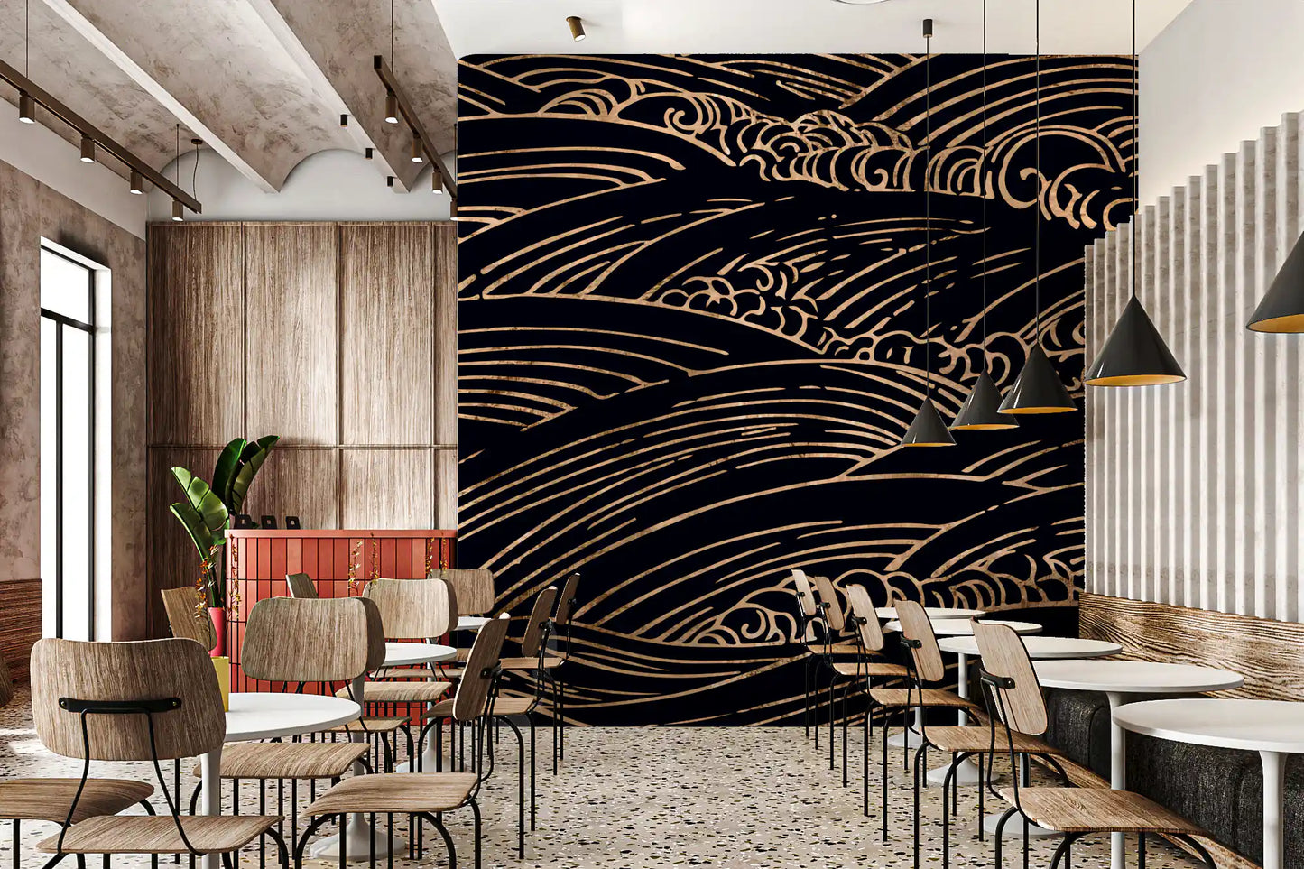 Gilded Rolling Japanese Waves Wall Mural