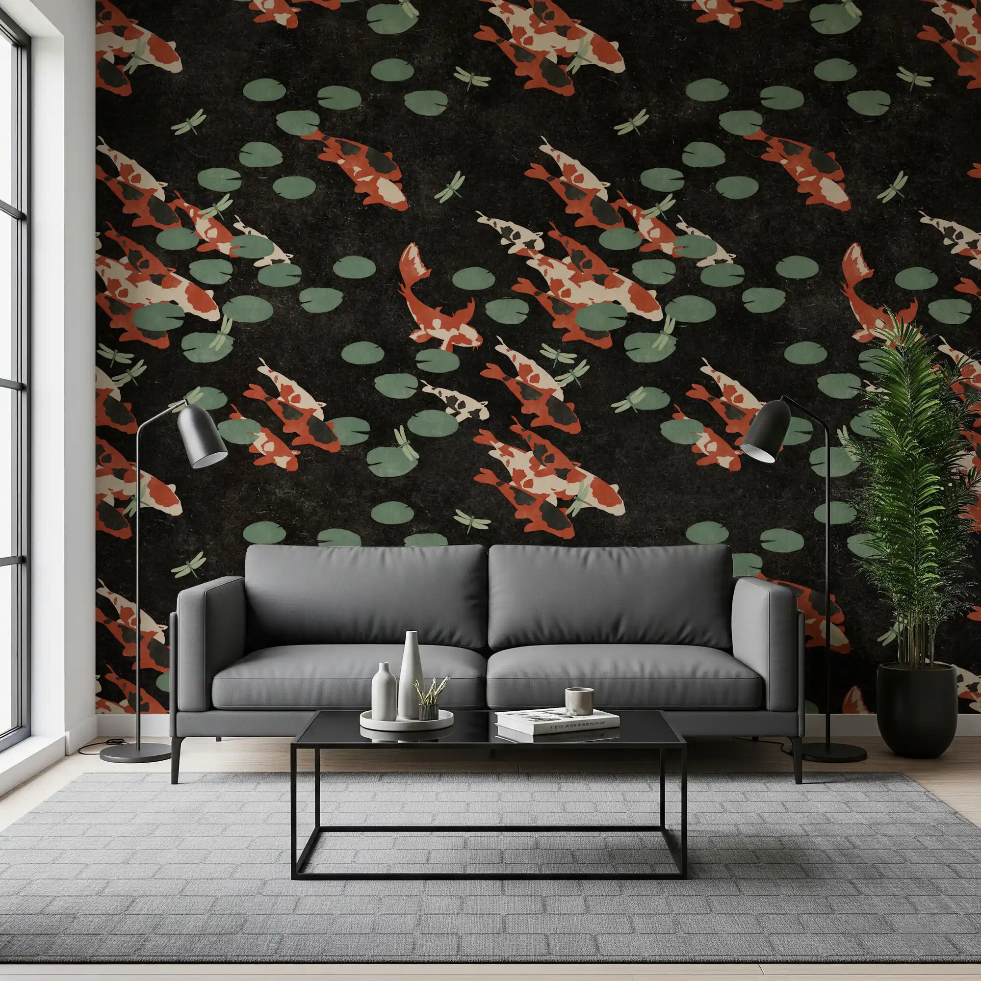 Warm koi shoal in loose rows on the Koi Pond with Dragonflies wall mural GD11525