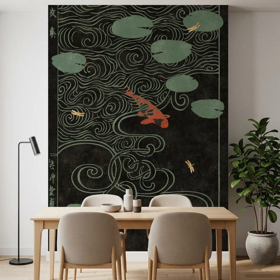 Japanese Koi Pond spreads dark water on the wall mural in a dining room GD11526