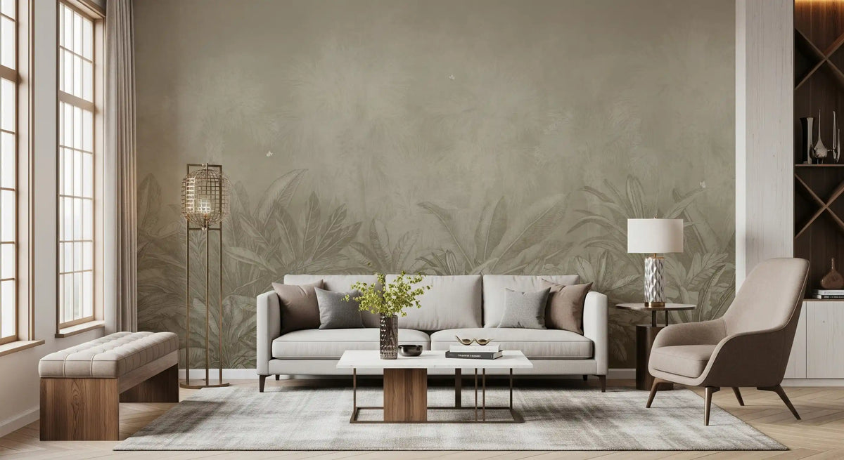 Warm bisque tones fill the wall mural, Jungle Mists Bisque in a living room GD11531