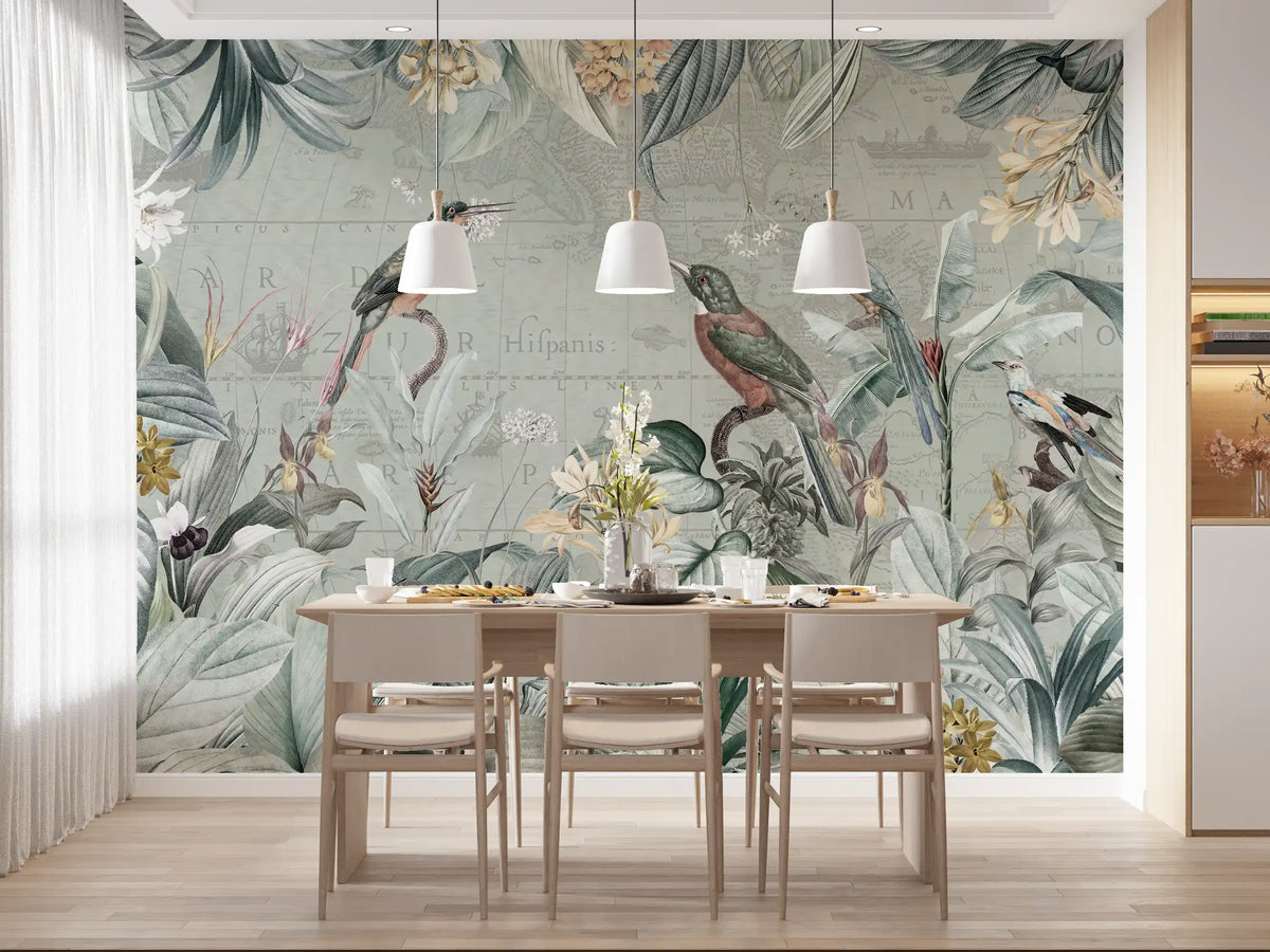 Vintage garden bird wall mural adding tropical colour to a dining room GD11537