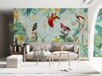 Exotic Bird and Tropical Flora Illustration Wall Mural
