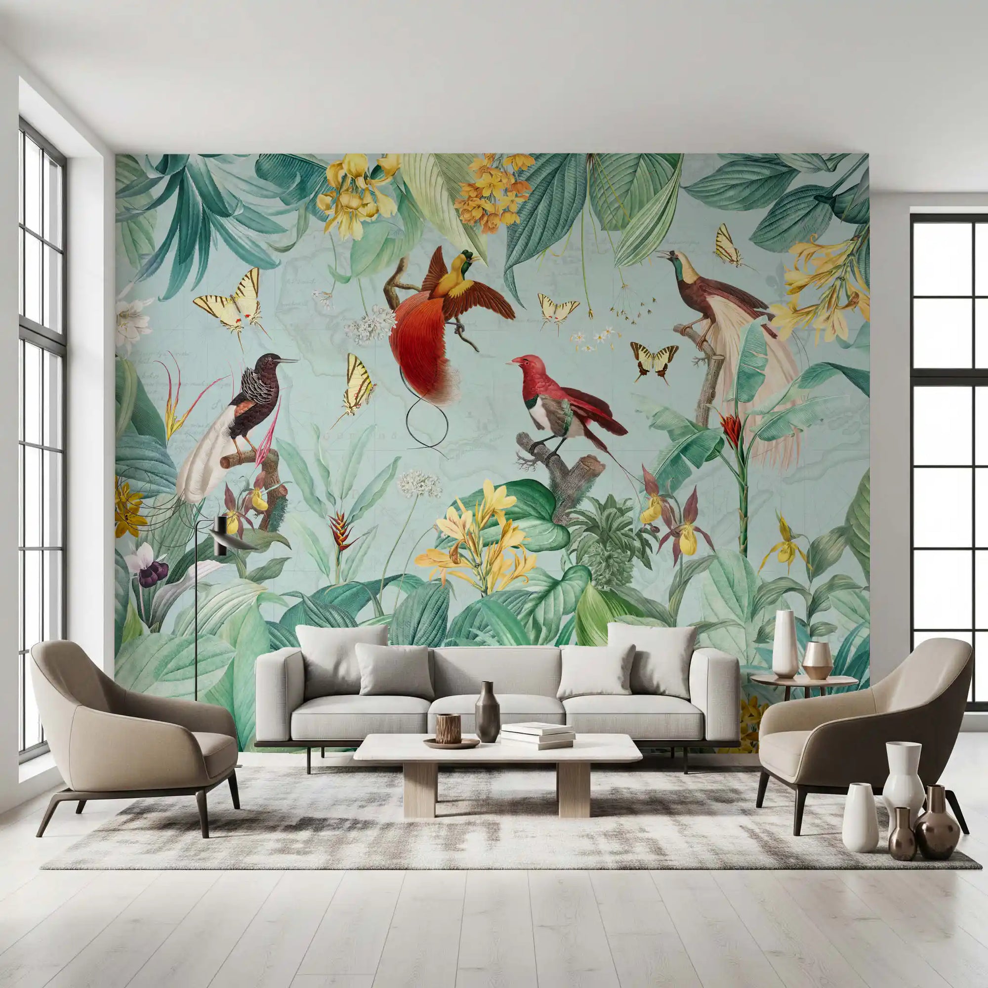 Exotic bird tropical wall mural adding teal colour to a living room GD11538