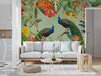 Exotic Flora & Peacock Haven Wall Mural