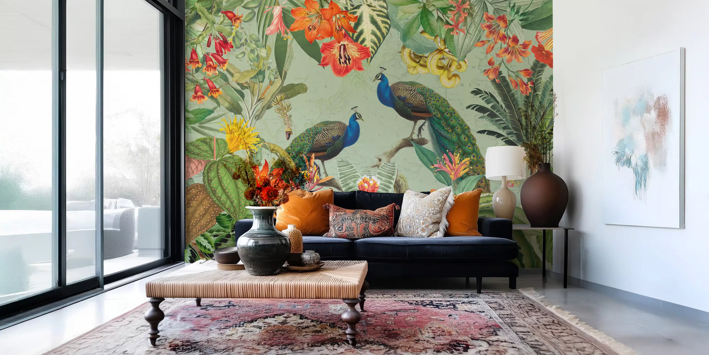 Exotic Flora & Peacock Haven Wall Mural