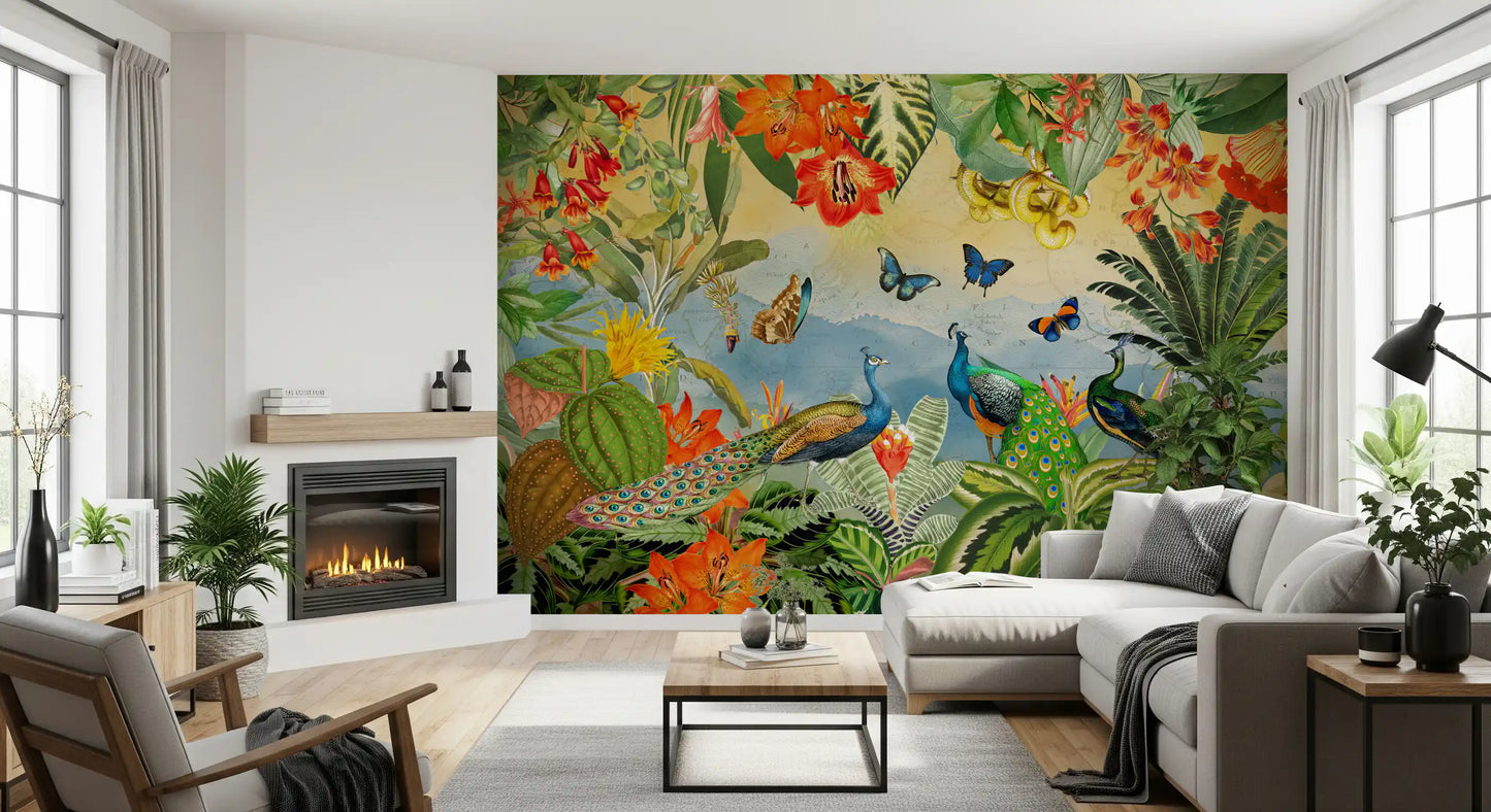 Vintage Peacock and Tropical Botanical Explorer Wall Mural