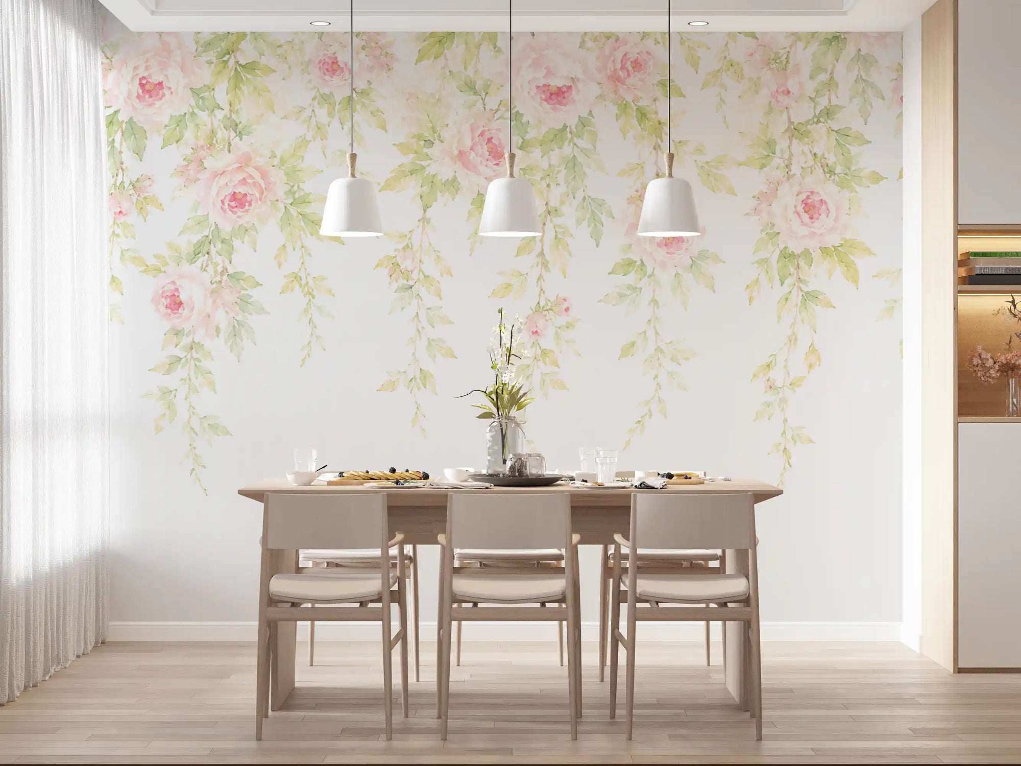 Pastel floral canopy wall mural adding hanging peonies to a dining room GD11544
