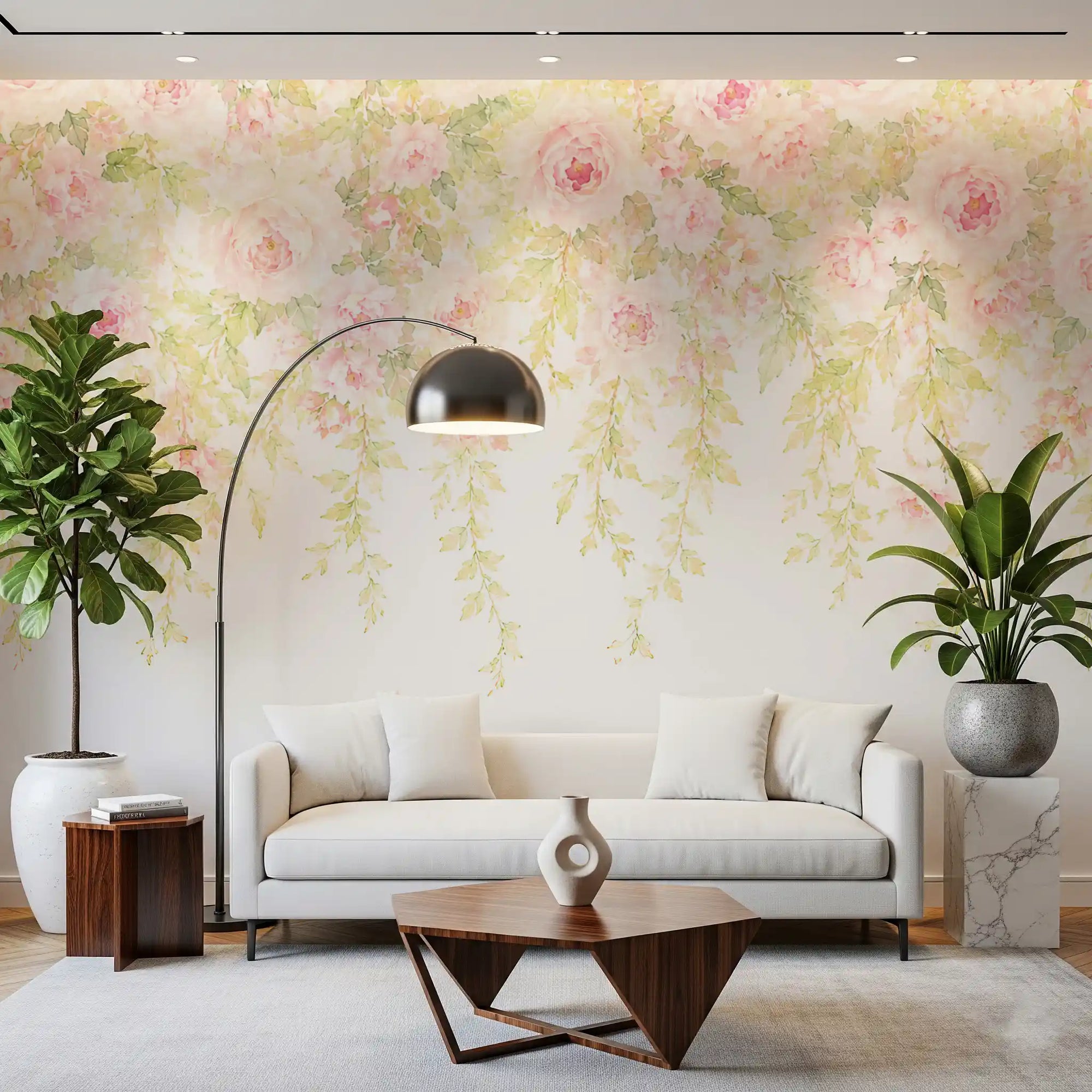 Trailing green vines and roses on a wall mural in a office area GD11547

