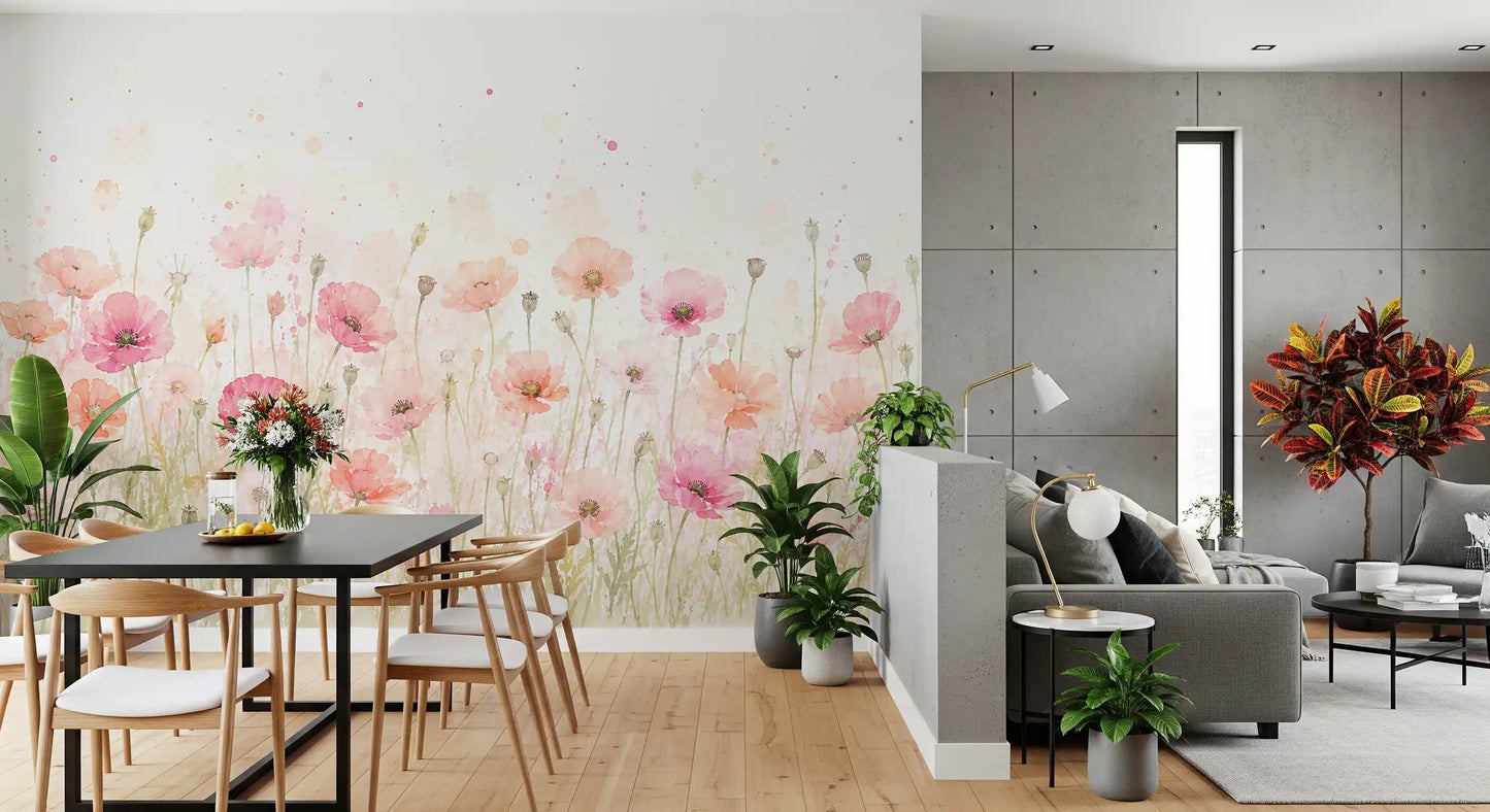 Soft Watercolor Poppy Meadow Wall Mural