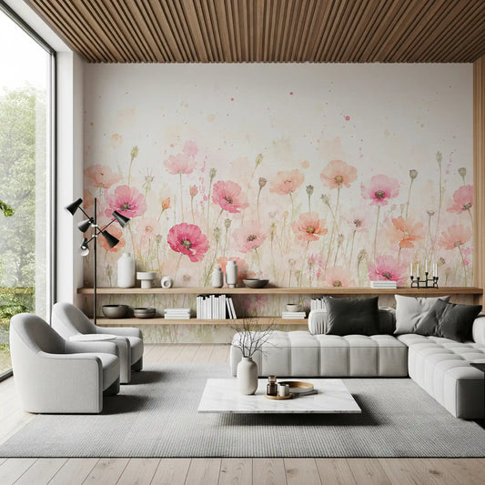 Watercolour poppies on a floral wall mural styling a living room in pink GD11548

