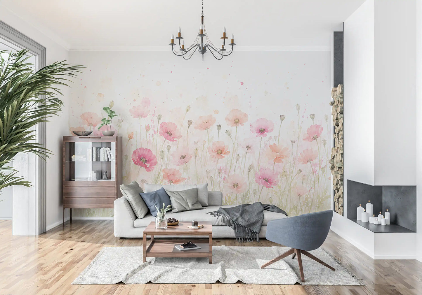 Soft Watercolor Poppy Meadow Wall Mural