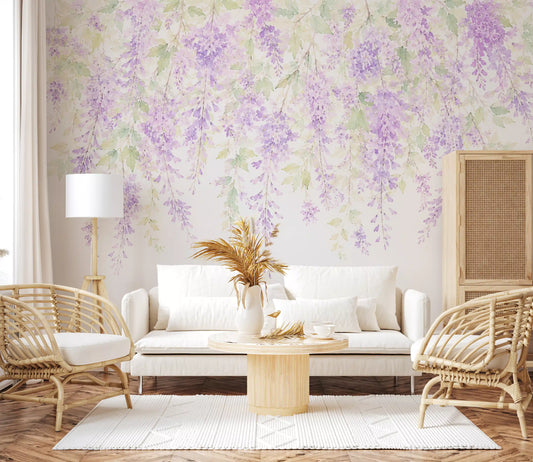 Wall mural fills a calm living room with the Spring Wisteria Canopy in purple GD11549
