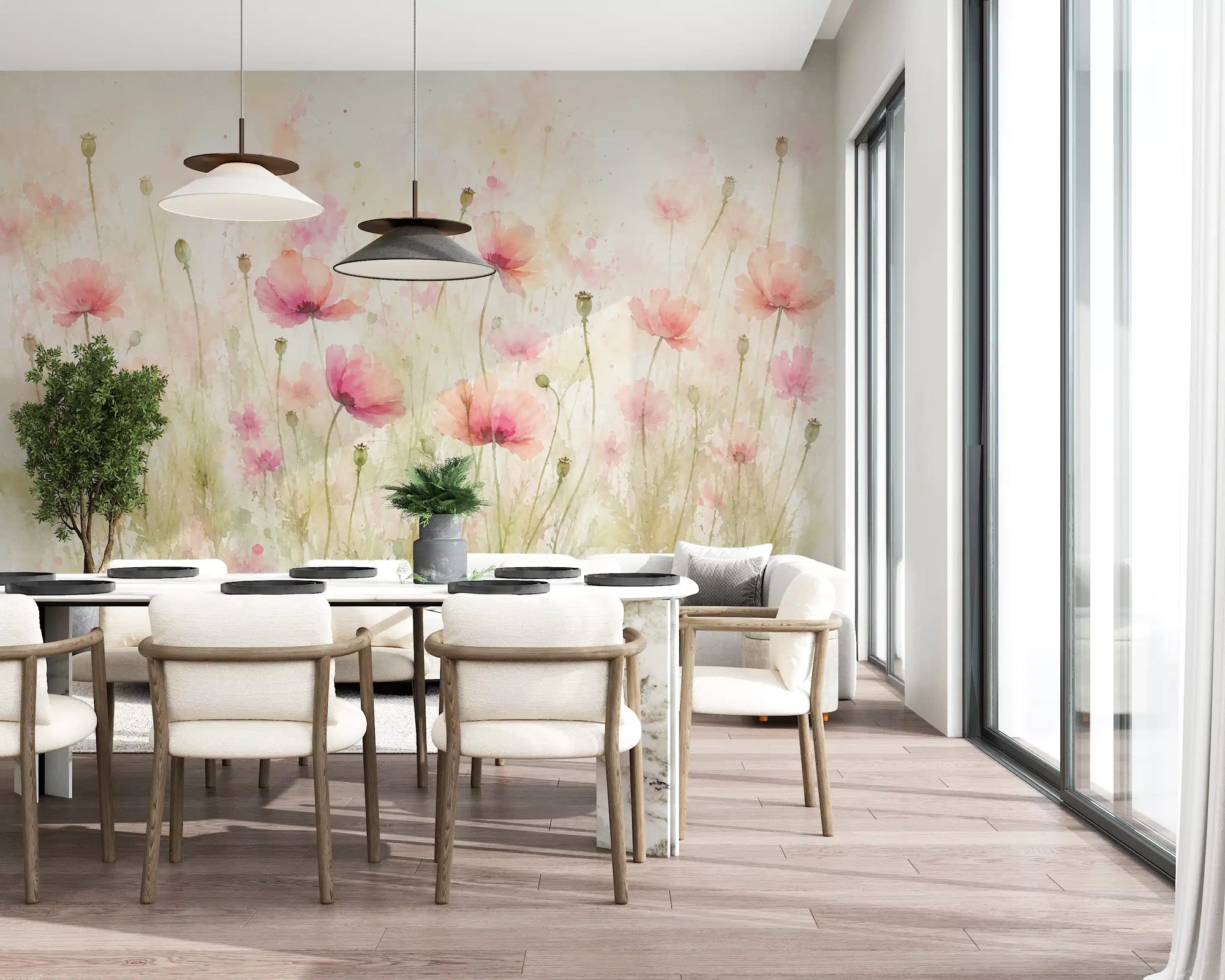 Wall mural fills a calm dining room with Blush Pink Meadow Wildflowers GD11551
