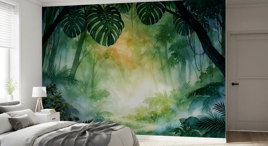Emerald and gold foliage wall mural adding a jungle glow to a bedroom GD11553
