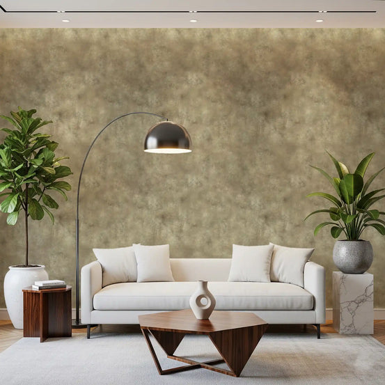 Warm ginger painterly wallpaper spanning a bright living room feature area GD11562
