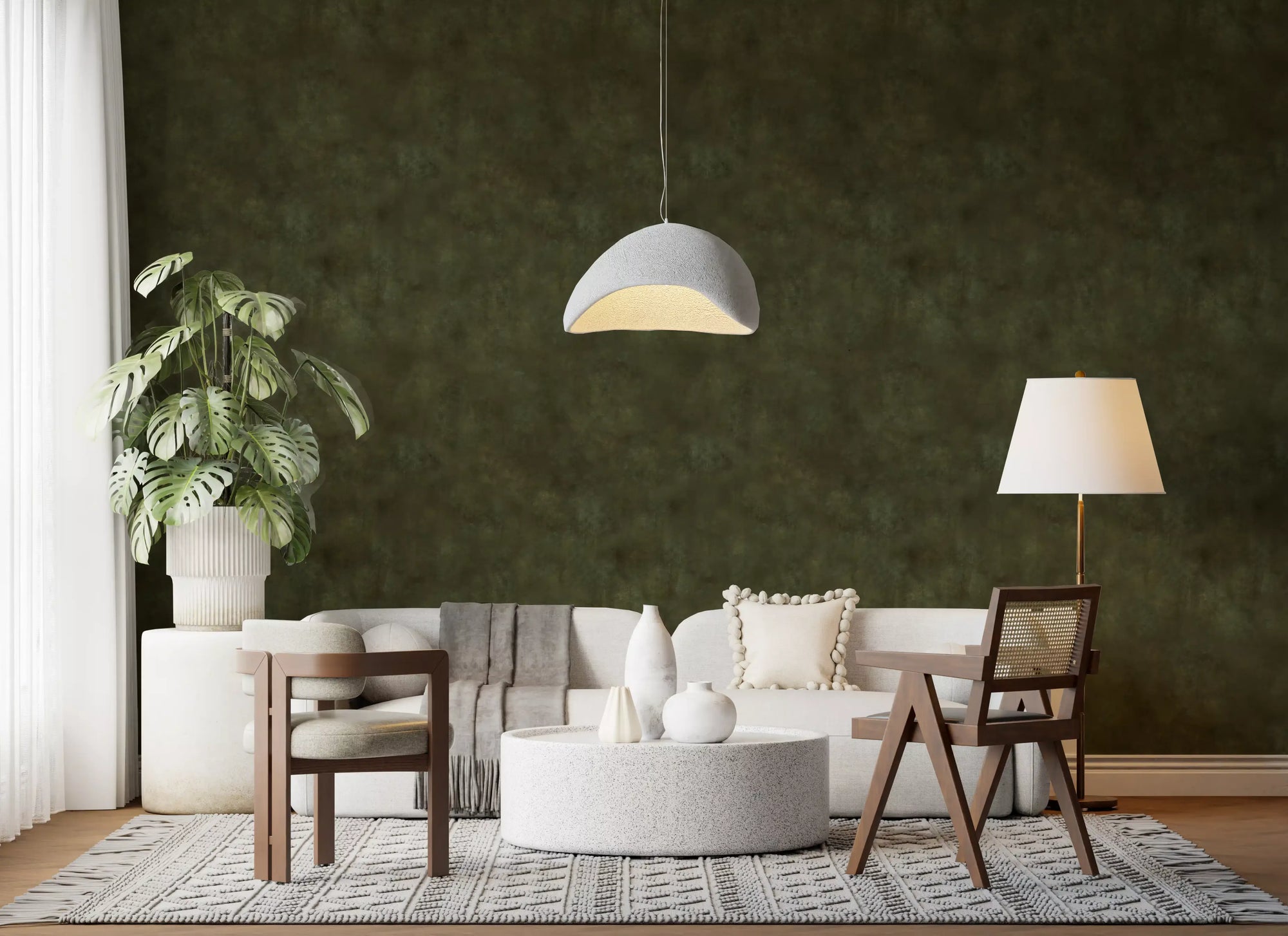 Deep olive Painterly wallpaper warming a calm living room, GD11564
