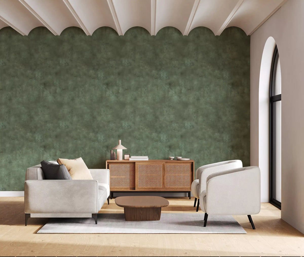 Living room styled in green Painterly Patina wallpaper GD11571
