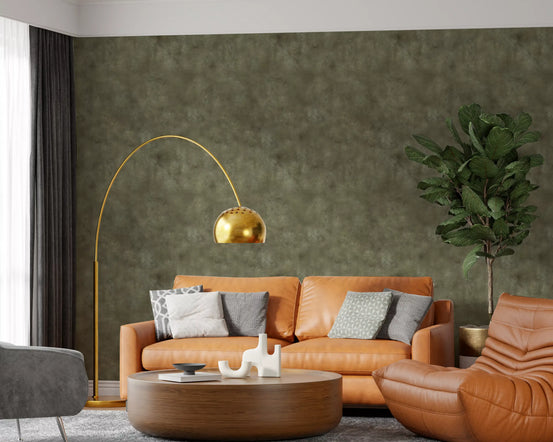 Mottled olive Painterly Tobacco wallpaper warms a calm living room GD11574
