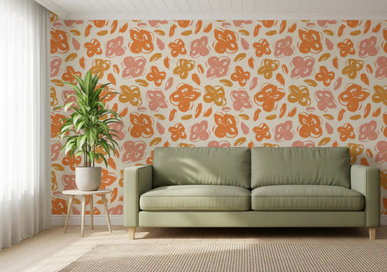 Warm living room lit up by abstract splash wallpaper in orange and peach GD11582
