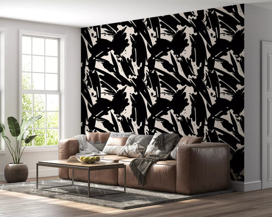 Abstract splash wallpaper in black and cream behind a living room GD11583
