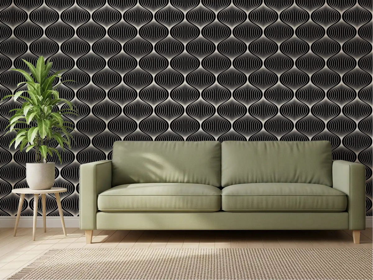 Bold black and white arcs wallpaper making a living room feel graphic GD11587
