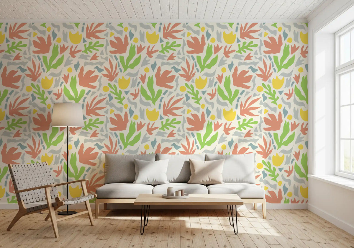 Abstract Matisse cutouts fill a living room in colourful botanical wallpaper GD11592