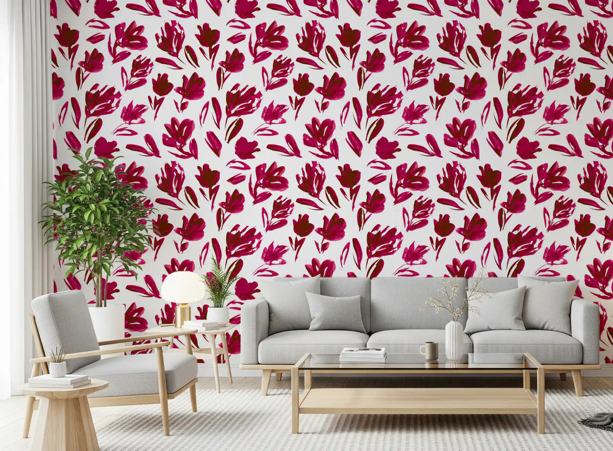 Fuchsia flowers scatter across the wallpaper in a bold livining-dining area GD11599