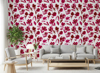 Fuchsia flowers scatter across the wallpaper in a bold livining-dining area GD11599