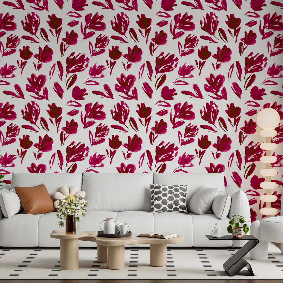 Vibrant Fuchsia Floral blooms on the wallpaper in a bold living room GD11599