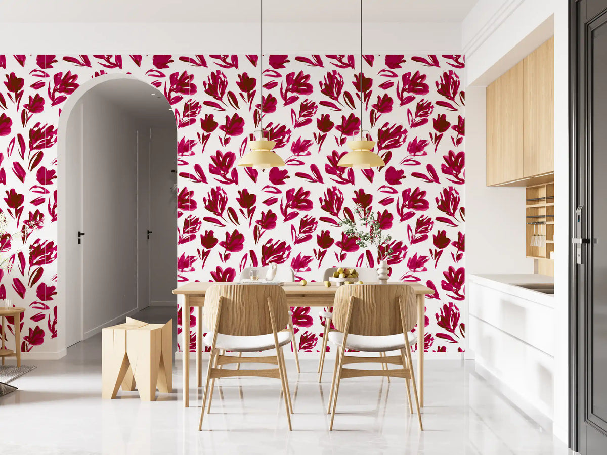 Clean white sits behind the wallpaper under vivid pink blooms GD11599