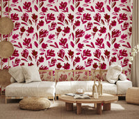 Pink and maroon blooms lift a calm hallway on the wallpaper GD11599