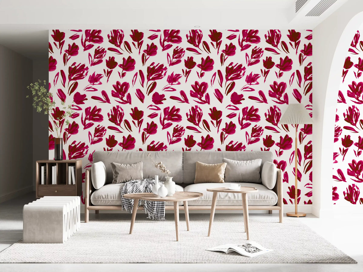 A bold painterly floral fills a lounge, Vibrant Fuchsia Floral wallpaper GD11599
