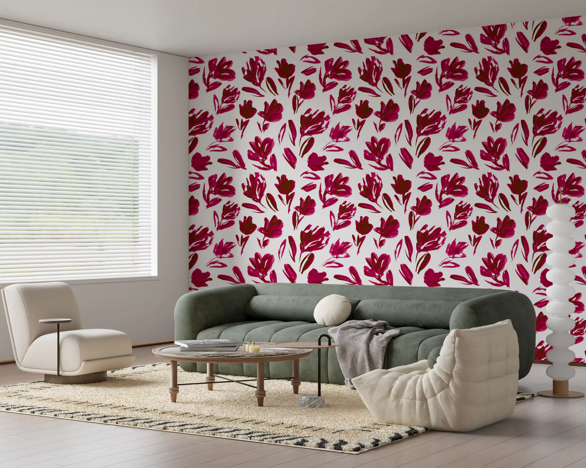 Magenta and maroon flowers spill over the wallpaper in loose strokes GD11599