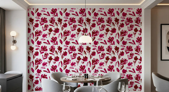 Wallpaper in a dining room holds fuchsia brushstroke flowers on white GD11599