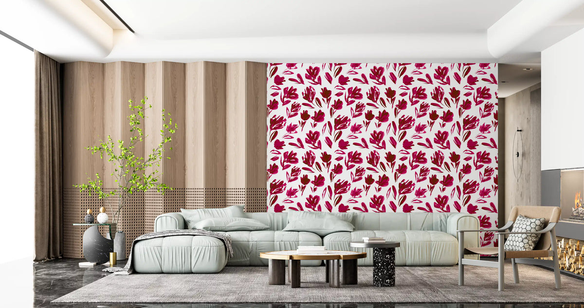 Loose brushstroke blooms climb the wallpaper, a bold pink home office GD11599