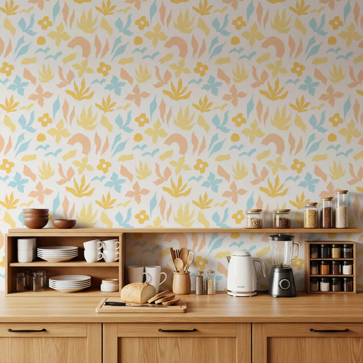 Blue and peach forms drift over the wallpaper in an easy scatter GD11600