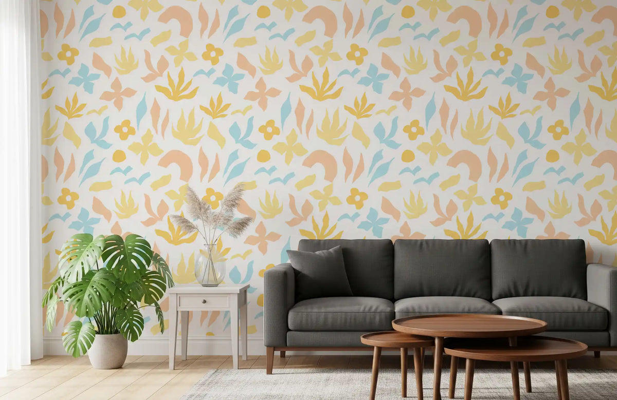 Abstract Pastel Botanical shapes brighten the wallpaper in a living room GD11600