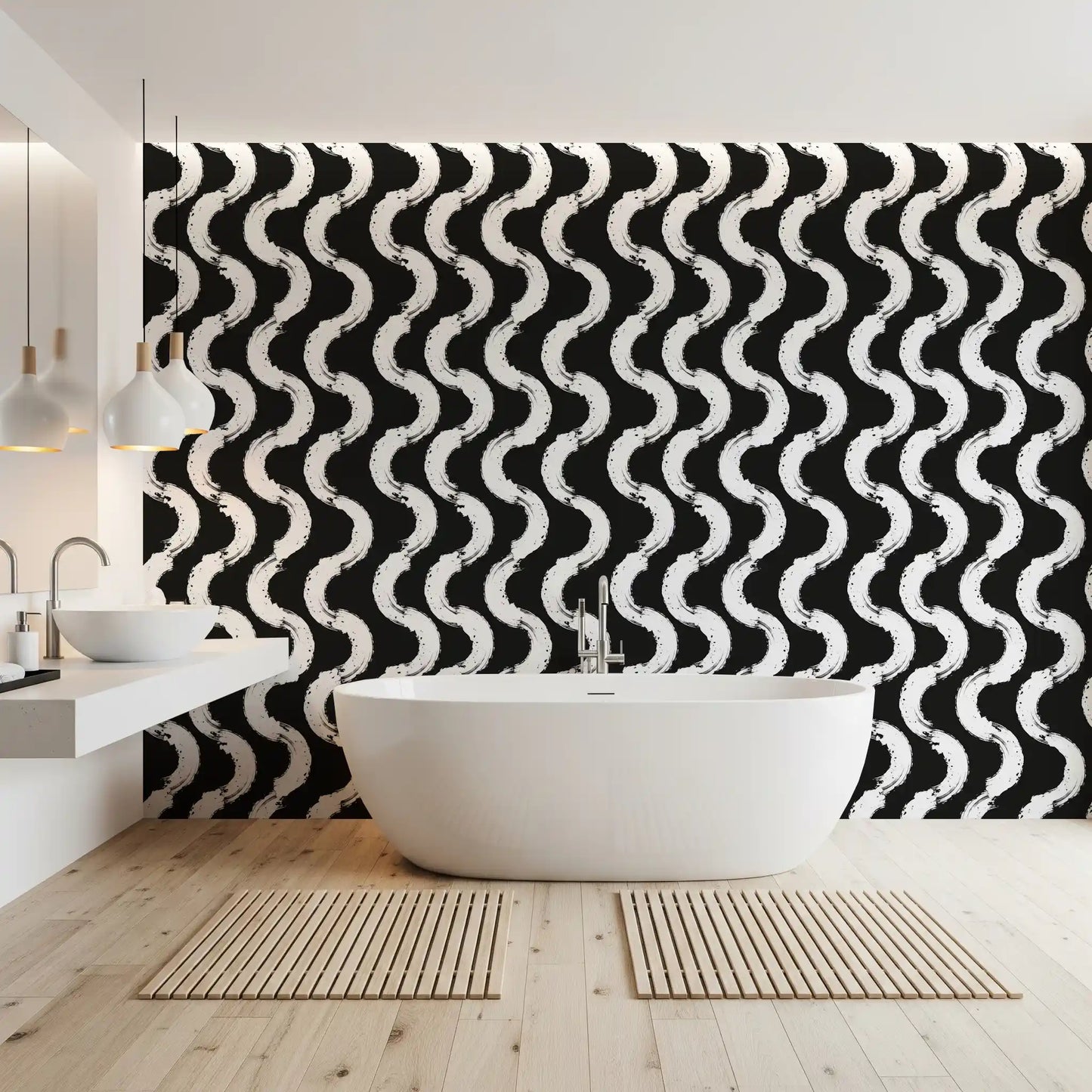 Monochrome Wavy Brushstroke Rhythm Wallpaper⁠