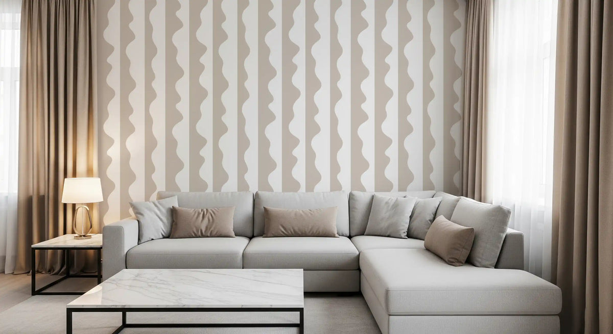 Beige and white wave stripes repeating evenly on peel-and-stick wallpaper GD11614
