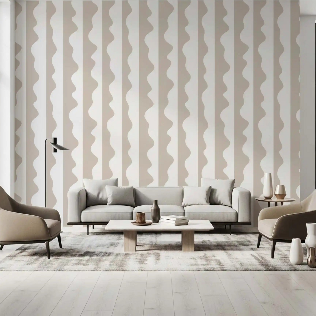 Vertical beige waves on wallpaper set a relaxed living room mood GD11614
