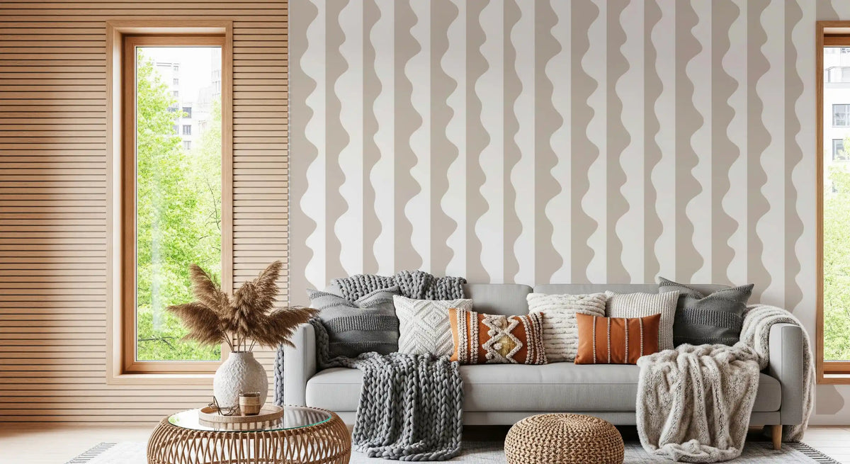 Neutral wave stripes wallpaper wrapping a quiet lounge in greige tones GD11614
