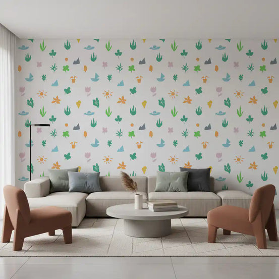 Living room styled with the cheerful Summer Doodle Motif wallpaper GD11615
