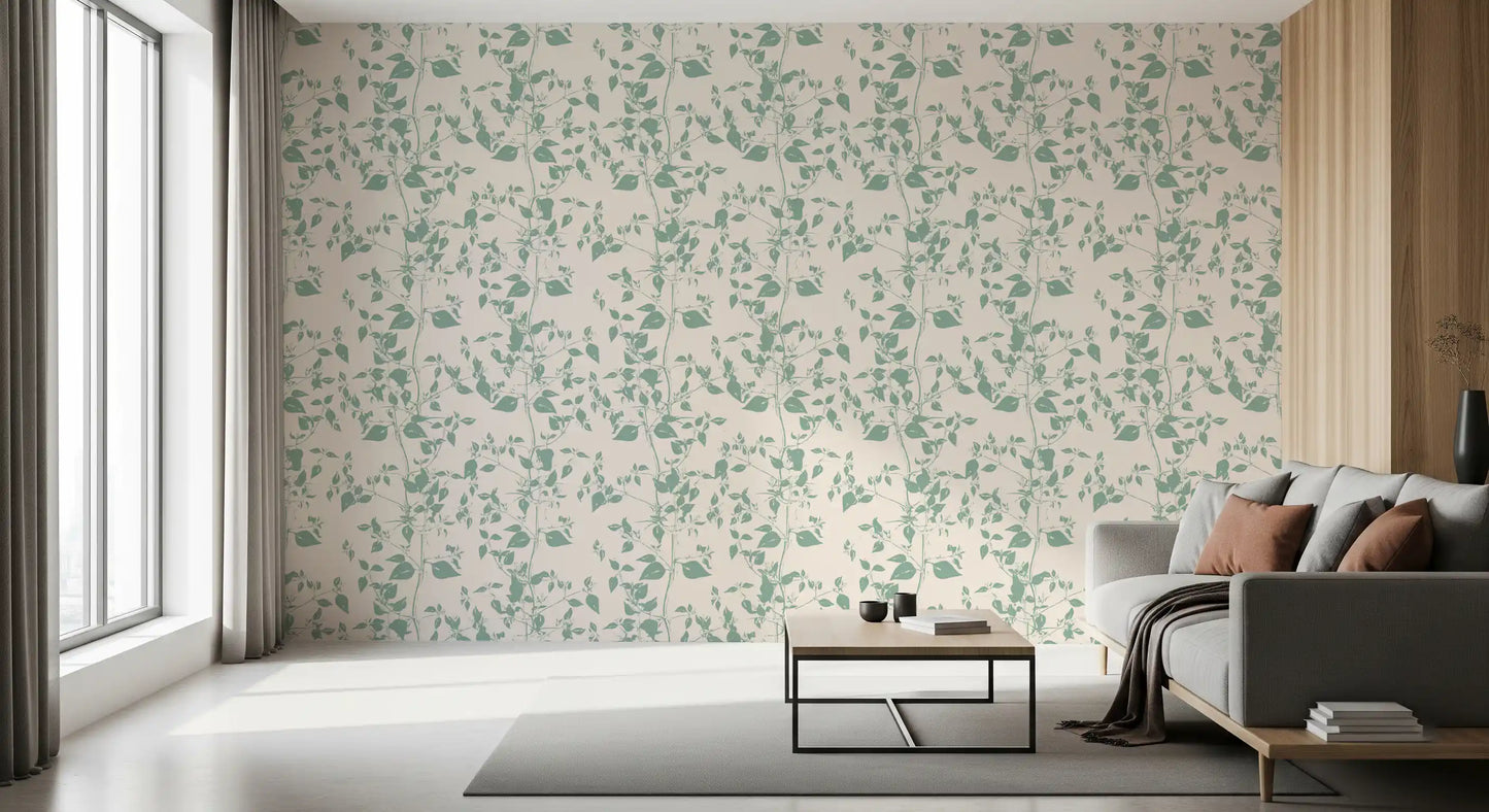 Cream and Sage Leaf Sketch Wallpaper⁠