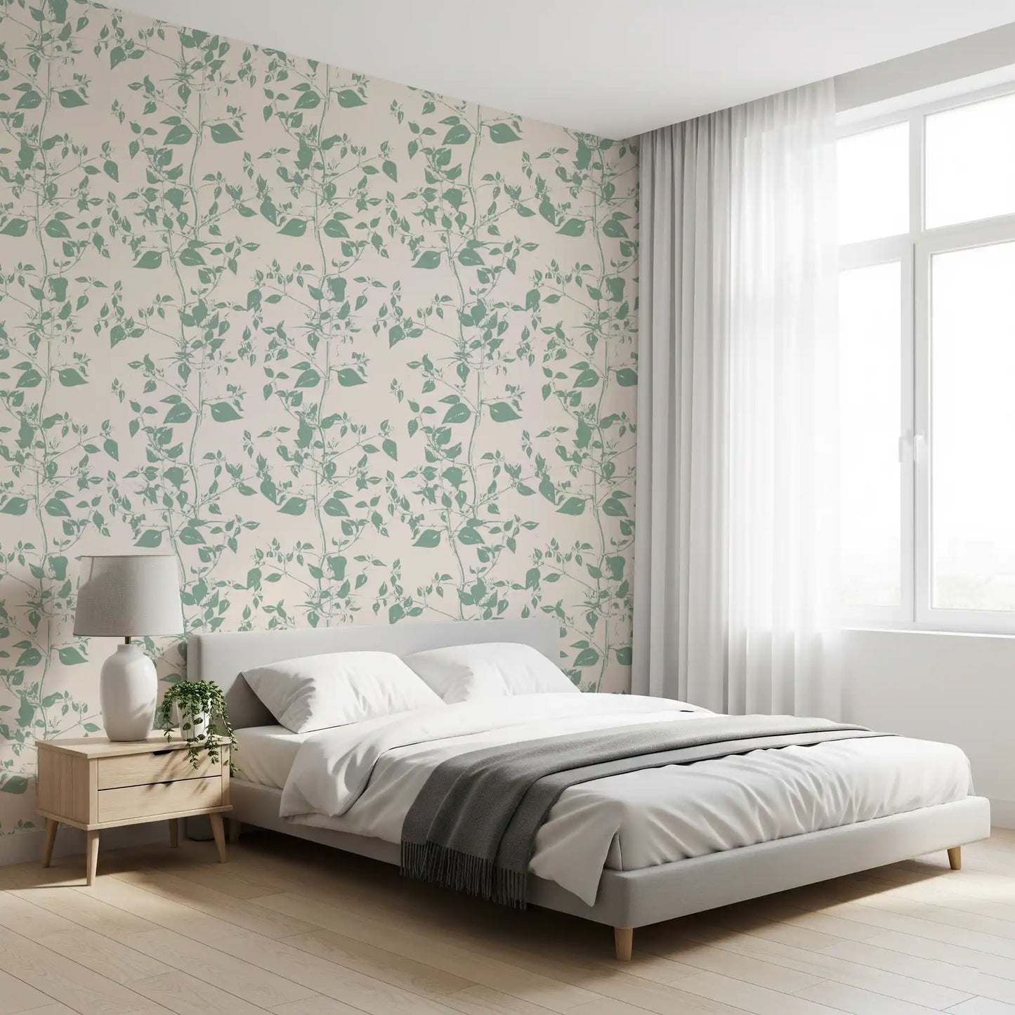 Cream and Sage Leaf Sketch Wallpaper⁠
