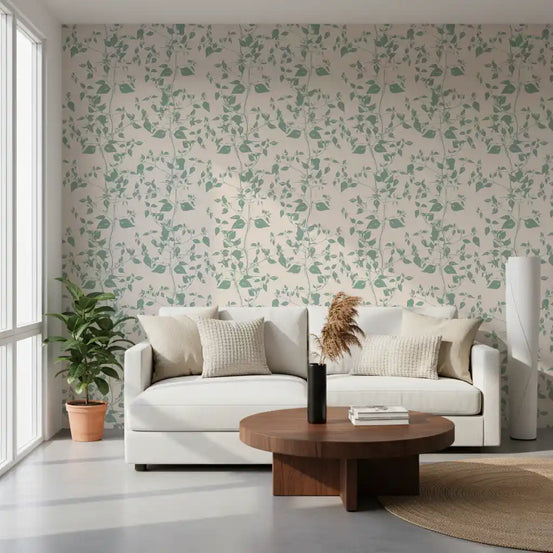 Cream and Sage Leaf Sketch wallpaper set in a living room GD11618
