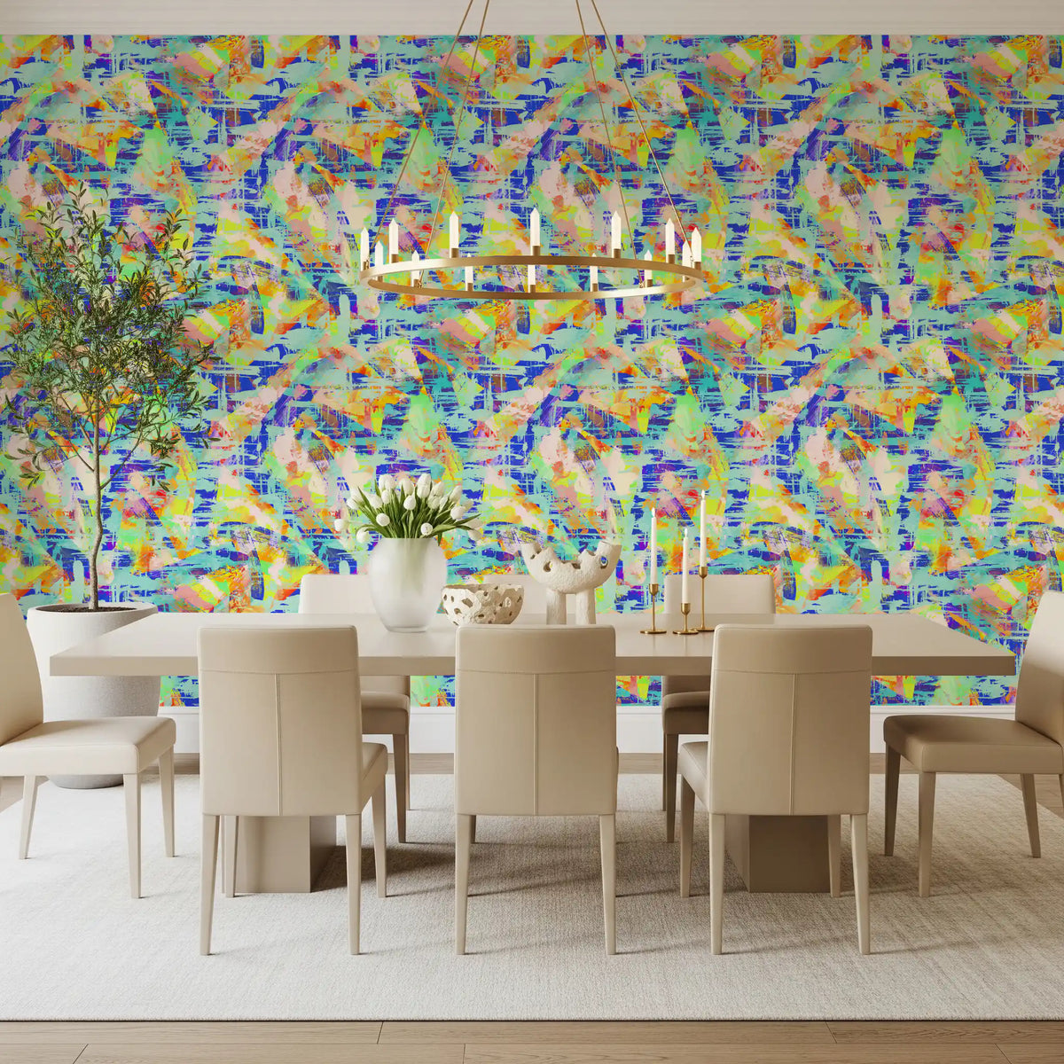 Sweeping colour fills a dining room in this Abstract Brushstroke wallpaper GD11622
